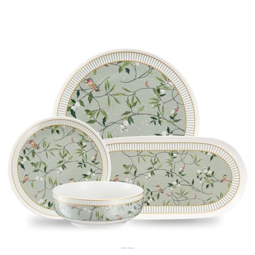 VILLA ITALIA - Geschirrset 6 Personen NORIKO GREEN - Weiss Essgeschirr - Elegant 6er Teller - Weiß Grün Geschirr Set - Handmade Tafelservice - Hochwertiges Kuchenteller - Spülmaschinen und Mikrowellen von VILLA ITALIA