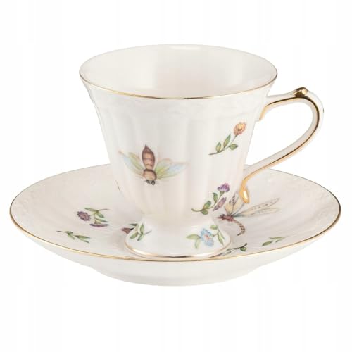 VILLA ITALIA Teetassen Set 180 ml LEDA - Porzellan Cappuccino Tassen mit Untertasse mit Creme mit Blumen & Schmetterlingen - Handbemalt Goldrand Kaffee Geschirr von VILLA ITALIA