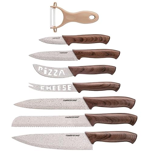 VILLA ITALIA Messerset 8-teilig WOODSTONE– Edelstahl Küchenmesser mit Granit-Beschichtung – Antihaft-Klingen & Holzoptik-Griffen – Chefmesser Brotmesser Obstmesser Schälmesser mit Geschenkbox von VILLA ITALIA
