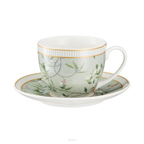 VILLA ITALIA - Porzellan Tasse NORIKO GREEN - Weiss Tassen - Elegant Kaffeetasse - Weiß Gerichte - Handmade Tafelservice - Hochwertiges Teetasse mit Tassenhalter - Cappuccino Tassen - Tee - Kaffee von VILLA ITALIA