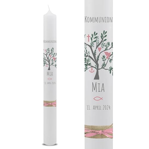 VILLA ROSA LOTTA – Personalisierbare Kommunionkerze Taufkerze „Mia“ mit Wunschdaten und Rückseite | Lebensbaum Motiv | 40 cm x 4 cm | für Jungen und Mädchen | Altarkerze elfenbein von VILLA ROSA LOTTA