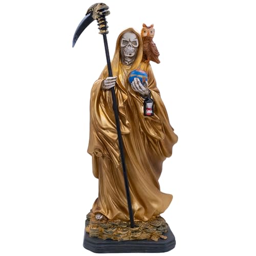 30,5 cm Santa Muerte Statue | Unsere Liebe Frau von einem Heiligen Tod | Goldton, Rot oder Braun | Skelettstatue hält einen Globus und Sense mit einer braunen Eule auf ihrer Schulter | Heimdekoration von VILLAGE GIFT IMPORTERS