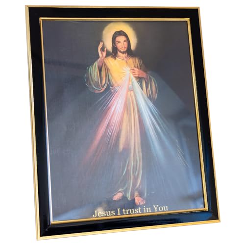 Gerahmter Druck "Göttliche Barmherzigkeit" | schwarzer Rahmen mit goldfarbenen Kanten | "Jesus I Trust in You" | christliche Heimdekoration | tolles katholisches Geschenk zur Konfirmation von VILLAGE GIFT IMPORTERS