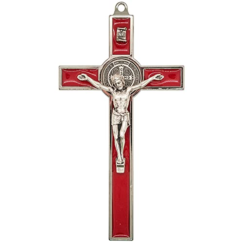 Saint Benedikt Medaille Kruzifix,fertig zum Aufhängen an der Wand,Schutzpatron der Studenten und Europa, Erstkommunion und Konfirmation,christliche Heimdekoration (rot) von VILLAGE GIFT IMPORTERS