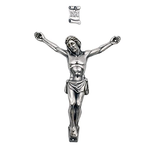 Silberfarbenes Metallkorpus und INRI-Schild | Machen Sie ein individuelles Kruzifix | DIY katholische Heimdekoration | Detaillierte Figur Jesus mit Krone aus Dornen und Armen ausgestreckt (11,4 cm) von VILLAGE GIFT IMPORTERS