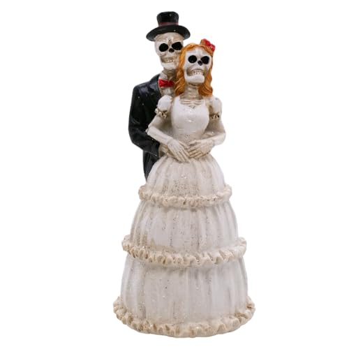 VILLAGE GIFT IMPORTERS Skelett Braut und Bräutigam | Halloween Hochzeitspaar | Bräutigam in Zylinder und Anzug | Braut im Brautkleid mit roten Haaren | Wohnkultur für Halloween und Tag der Toten von VILLAGE GIFT IMPORTERS