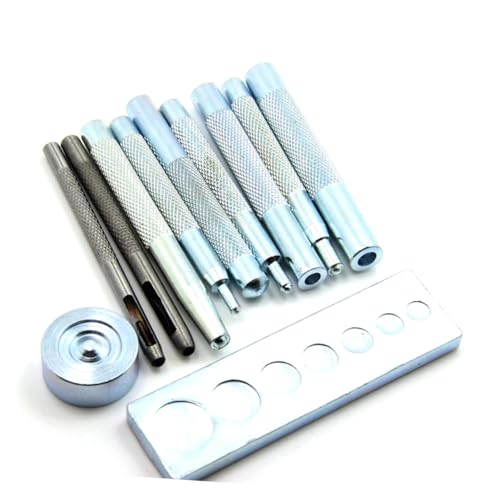 VILLCASE 11 Stück Teiliges DIY Lederhandwerk Druckknopf Werkzeug mit Lochpunsch und Rivet Setter Basis Langlebiges Metall Einstellbare Breiten Extra Lange Griffe für Komfortable Bedienung von VILLCASE