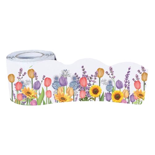 VILLCASE Frühlingshafte Tulpen Bordüre Selbstklebender Bulletin Board Trim für Klassenzimmer Pinnwand Dekoration Gewellte Kante Vielseitige Blumenbordüre für Schul Partygestaltung von VILLCASE
