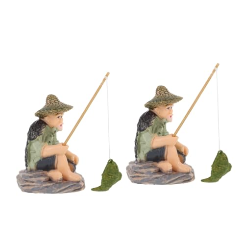 VILLFUL 2 Stück Fischerskulpturen aus Farbechtem Dekorative Miniatur-fischerfiguren für Aquarium Bonsai und Wassergarten Sitzende Angler-Figuren für Ruhige von VILLFUL