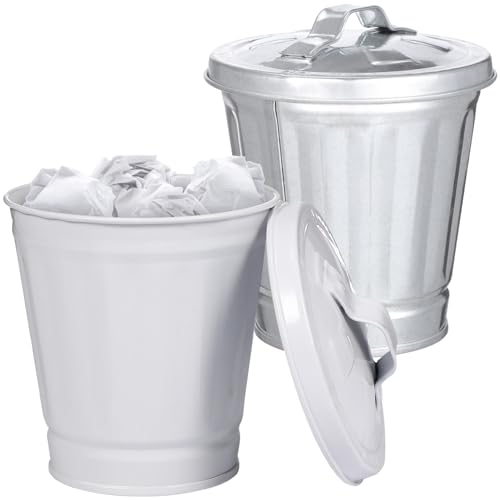 VILLFUL 2 Stück Mini Mülleimer aus Verzinktem Eisen mit Deckel Kleiner Tisch Papierkorb für Büro Zuhause Schreibtisch Robuste Leicht zu Reinigende Desktop Abfallbehälter in Silber und von VILLFUL