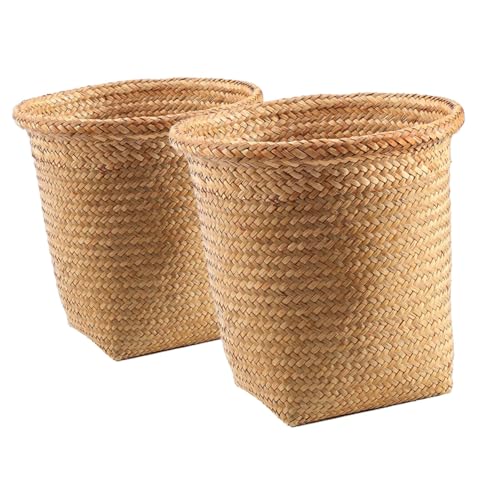 VILLFUL 2Stücke Handgewebte Abfallkörbe aus Seegras Dekorative Runde Mülleimer für Zuhause Vintage Stil Multifunktionale Aufbewahrungskörbe für Kleidung von VILLFUL