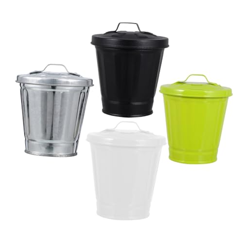 VILLFUL 4 Stück Mini Metall Mülleimer mit Deckel Vielseitiger Schreibtisch Abfalleimer Büro Papierkorb Stifthalter und Blumentopf Robuster Desktop Behälter für Schlafzimmer Büro und von VILLFUL