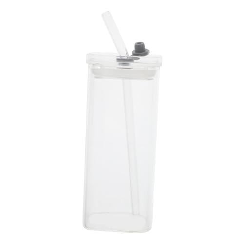 VILLFUL Quadratischer Glasbecher mit Deckel und Strohhalm Wiederverwendbar Hitzebeständig Stapelbar Tragbarer Trinkbecher für Kaffee Saft Milch Geeignet für Zuhause Büro Schule und Outdoor von VILLFUL