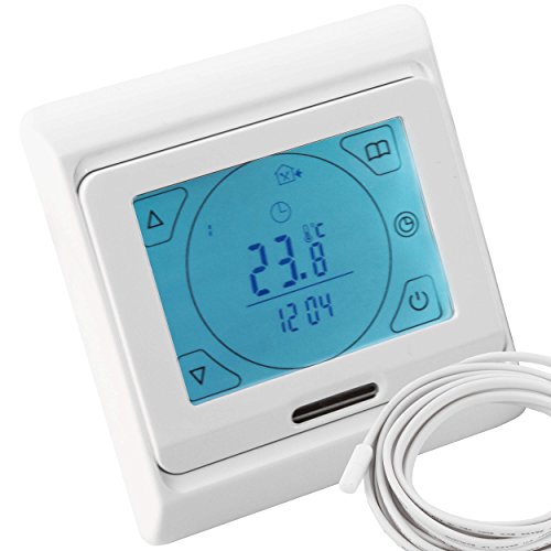 VILSTEIN© Digital Thermostat Temperatur-Regler Raumthermostat für Elektrische Fußbodenheizung Heizsysteme Touchscreen Beleuchtung Programmierbar mit Temperaturfühler Bodenfühler Unterputz weiß 16A von VILSTEIN