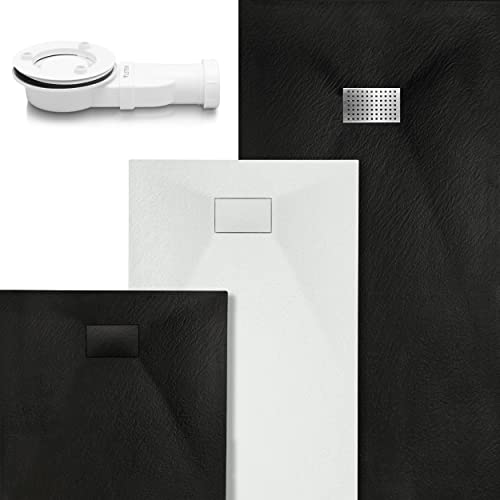 VILSTEIN Duschwanne 120x70 cm | Steinoptik, Schieferoptik | Design Duschtasse | Flach, Antirutsch | Schwarz | inkl. Standard Abdeckung & Siphon von VILSTEIN