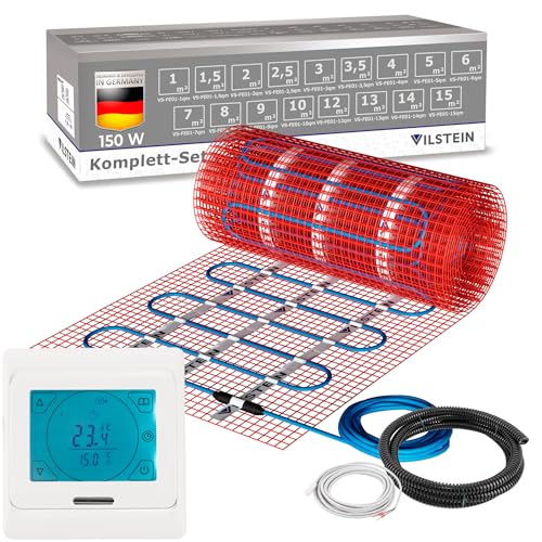 VILSTEIN Elektrische Fußbodenheizung für Fliesen Laminat und mehr I Komplett-Set I TWIN Technologie Heizsystem I Fußboden Heizmatte 150W/m² I 14.0x0.5m - 7 qm von VILSTEIN