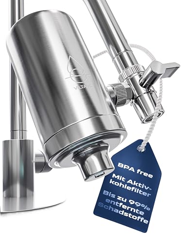 VILTARO® Wasserfilter Wasserhahn – Trinkwasserfilter mit Aktivkohlefilter, Filter Wasserhahn inkl. Filterkartusche – BPA frei, Edelstahl, einfache Montage, entfernt Schadstoffe, nur 2 Cent/Liter von VILTARO