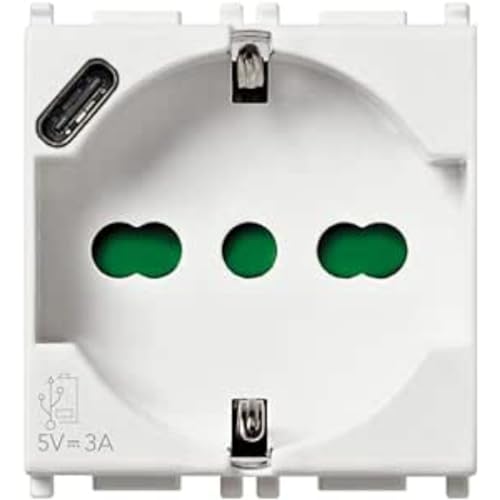 VIMAR 14210.USB Plana Steckdose 2 Module SICURY 2P+T 16A 250V Universal Italian Standard P40 und USB Ausgang Typ C 5V und 3A für schnelles Laden, weiß von VIMAR