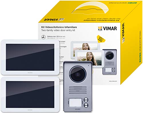 VIMAR K40936 Videosprechenalagen-Set enthält Freisprech-Touchscreen-Videohaustelefon LCD 7in, 2-Taste Klingeltableau, Netzgerät, mit Zubehöre für AP-Einbau, weiß, 2 Wohnungen/Familien von VIMAR
