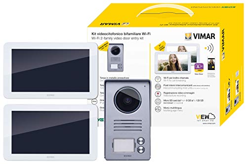 VIMAR K40956 Videosprechenalagen-Set enthält Freisprech-Touchscreen-Videohaustelefon LCD 7in und WLAN-Verbindung, 2-Taste Klingeltableau mit Regenschutz, DIN Netzgerät, 2 Familien von VIMAR