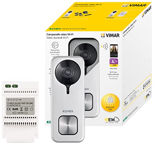 VIMAR K40965 Video-Türklingel-Set mit: Doorbell WiFi 40960, View Door App, Kamera mit Nachtsicht, Ruftaste RGB-LED-Beleuchtung, Sabotageschutz-Sensor, Netzteil 24V für DIN-Installation, Grau von VIMAR