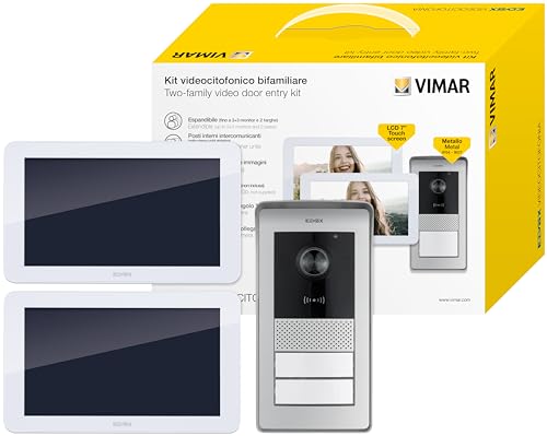 VIMAR K42936 Videosprechenalagen-Set enthält Freisprech-Touchscreen-Videohaustelefon LCD 7in, 2-Taste RFID-Klingeltableau mit Regenschutz, DIN Netzgerät, 2 Familien von VIMAR