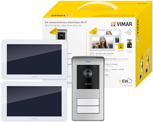 VIMAR K42956 Set AP-Videohaustelefon mit 2 7in-Freisprech-LCD-Touchscreen-WLAN-Farb-Videohaustelefonen, 1 Audio-/Video-Klingeltableau mit RFID-Lesegerät, 2 Netzteilen, Bus-Verteiler von VIMAR