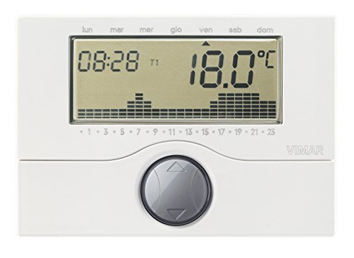 Vimar 01910 Elektronischer Uhrenthermostat für die ON/OFF-Raumtemperaturregelung (Heizung und Klimaanlage), Tages/Wochenprogrammierung, Stromversorgung über Akkus AA LR6 1,5 V (nicht mitgeliefert) von VIMAR