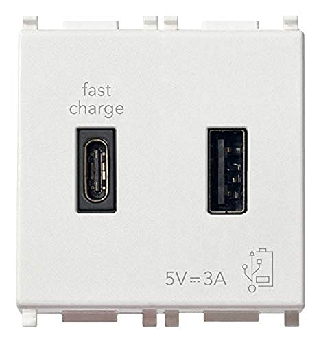 VIMAR 14295.AC USB-Netzteil 5V 3A für elektronische Geräte, 1 USB Typ A und 1 USB Typ C, Spannungsversorgung 120-240V 50/60Hz, antibakterielles Material, 2 Module, serie Plana, weiß von VIMAR