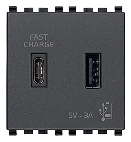 Vimar 20295.AC Eikon USB-Netzteil für elektronische Geräte, 1 USB Typ A und 1 USB Typ C, liefern insgesamt 3A zum Laden, Spannungsversorgung 120-240 V, 2 Module, grau von VIMAR