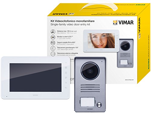VIMAR K40910 Videosprechenalagen-Set enthält Freisprech-Videohaustelefon LCD 7in, 1-Taste Klingeltableau mit Regenschutz, Netzgerät mit austauschbaren Steckern EU BS US AU, 1 Familie von VIMAR