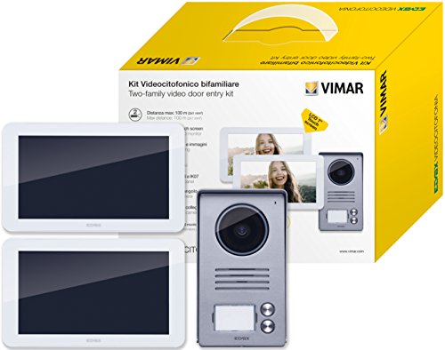 VIMAR K40916 Videosprechenalagen-Set enthält Freisprech-Touchscreen-Videohaustelefon LCD 7in, 2-Taste Klingeltableau mit Regenschutz, Netzgerät mit austauschbaren Steckern EU BS US AU, 2 Familien von VIMAR