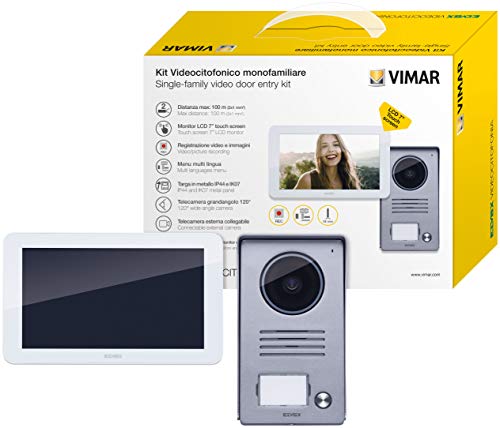 VIMAR K40935 Videosprechenalagen-Set enthält Freisprech-Touchscreen-Videohaustelefon LCD 7in, 1-Taste Klingeltableau mit Regenschutz, Netzgerät, mit Zubehöre für AP-Einbau, Weiß, 1 Wohnung/Familie von VIMAR