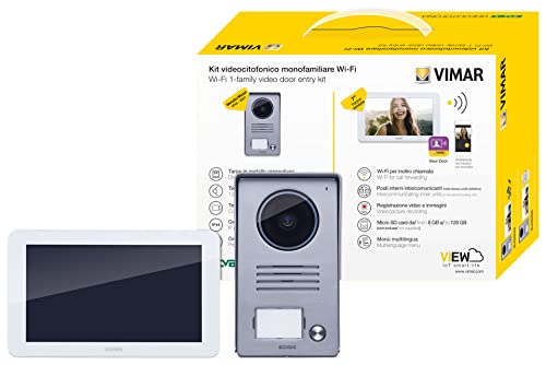 Vimar K40945 Videosprechenalagen-Set enthält Freisprech-Touchscreen-Videohaustelefon LCD 7in und WLAN-Verbindung 1-Taste Klingeltableau Netzgerät 24V mit austauschbaren Steckern EU BS US AU, 1 Familie von VIMAR