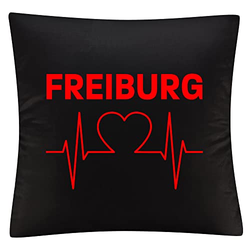 VIMAVERTRIEB® Kissenbezug Freiburg - Herzschlag - Druck: rot - Kissen Bezug Fußball Fanartikel Fanshop - schwarz von VIMAVERTRIEB