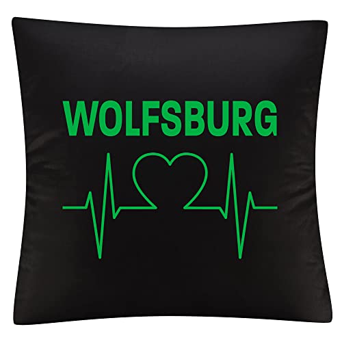 VIMAVERTRIEB® Kissenbezug Wolfsburg - Herzschlag - Druck: grün - Kissen Bezug Fußball Fanartikel Fanshop - schwarz von VIMAVERTRIEB