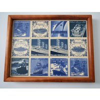 Holland-America Line Twelve Delph Tile Holztablett Mit Holzrahmen. Vintage Blaue Fliesen Tableau. Handgemacht Von H. Atkinson von VIMCOStore