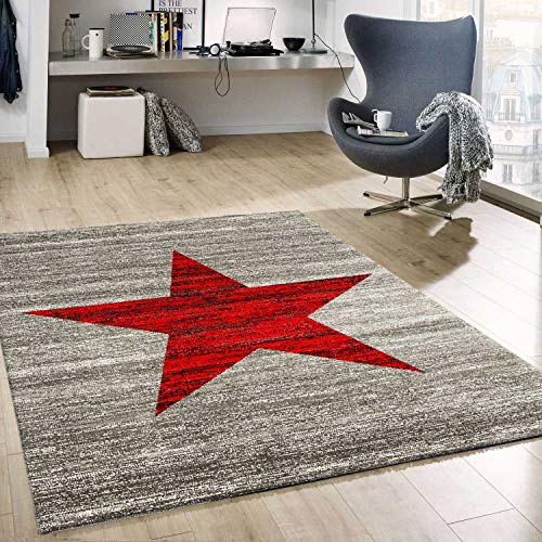 VIMODA Stern Muster Teppich Rot Grau Stylish Accessoire, Maße:80x150 cm von VIMODA
