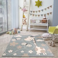 Vimoda - Kinderteppiche Giraffe mit Schmetterling und Blumen Kinderteppich für Mädchen und Jungs Teppich für Kinderzimmer Blau Kinderzimmerteppiche von VIMODA