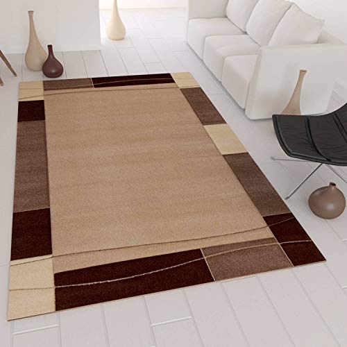 VIMODA Teppich Modern Klassiker für Wohnzimmer Kurzflor Dich gewebt mit Bordürenmotiv braun beige und Konturenschnitt, Maße:120 x 170 cm von VIMODA
