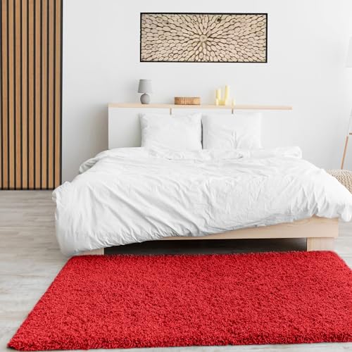 VIMODA Prime Shaggy Hochflor Langflor Teppich Einfarbig Modern Rot Hochflor für Wohnzimmer, Schlafzimmer, Maße:60x100 cm von VIMODA