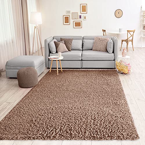 VIMODA Prime Shaggy Teppich Hochflor Langflor Teppiche Modern Einfarbig Nougat Hellbraun, Maße:Ø 160 cm Rund von VIMODA