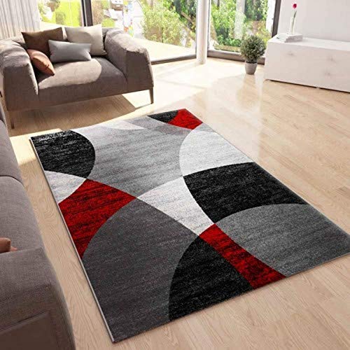 VIMODA Teppich Geometrische Kreismuster Meliert in Grau Weiß Schwarz und Rot, Maße:80x150 cm von VIMODA