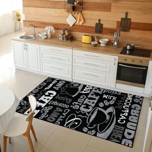 VIMODA Küchenteppich Teppichläufer Coffee Design Modern Kaffee Muster in Schwarz ideal für die Lounge oder Küche, Maße:200x280 cm von VIMODA