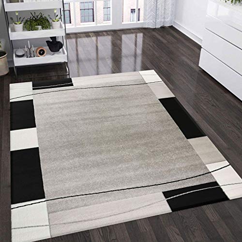 VIMODA Teppich kurzflor Modern Retro Stil mit Bordüre Grau Schwarz Weiß für Wohnzimmer, Schlafzimmer, kinderzimmer, Maße:160x230 cm von VIMODA