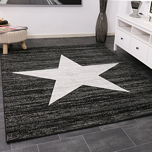 VIMODA Teppich Kurzflor Sternmuster Modern Schwarz Trendiger Jugendzimmer für kinderzimmer, Wohnzimmer, Maße:80x250 cm von VIMODA