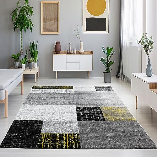 VIMODA Designer Teppich Kurzflor Moderner Wohnzimmer in Gelb, Grau und Weiß mit Kachel Optik, Maße:140x200 cm von VIMODA