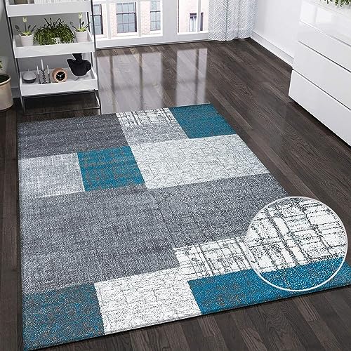 VIMODA Designer Moderner WohnzimmerTeppich in Türkis, Grau und Weiß mit Kachel Optik Kurzflor, Maße:120x170 cm von VIMODA