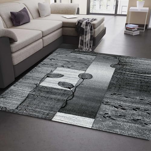 VIMODA Designer Teppich Grau Schwarz Creme Blumenmotiv meliert und Konturenschnitt von Hand, Maße:80x150 cm von VIMODA