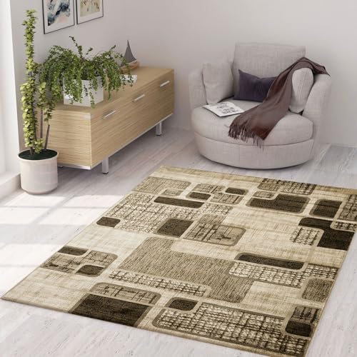 VIMODA Teppich Kurzflor Modern Kariert Retro geometrisches Muster Meliert Braun Beige für Wohnzimmer, Schlafzimmer, Maße:80 x 150 cm von VIMODA